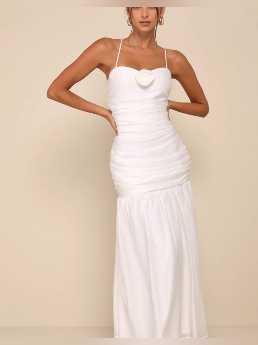 Lulus Dream Elegance Drop Waist White Ruched Midi Dress Rosette Small - Picture 2 of 10